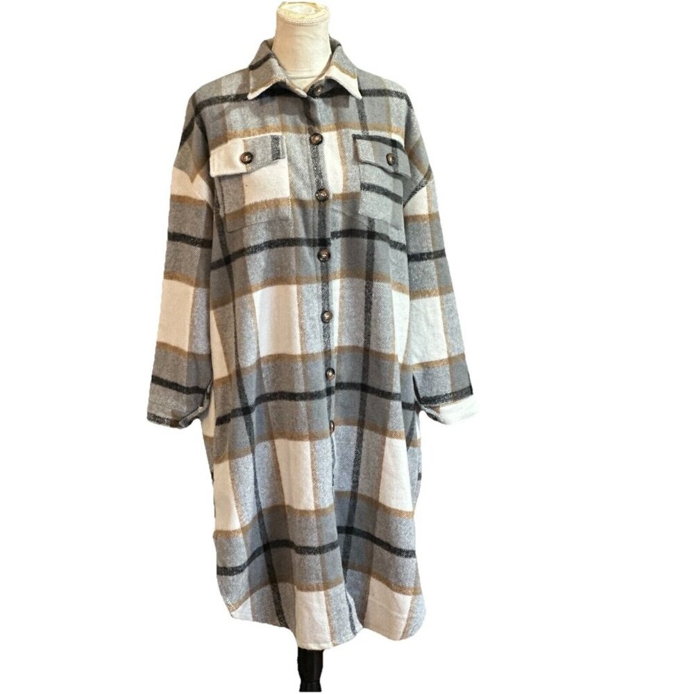 Women’s Shacket Tartan Long Open Black Grey Plaid Utility Jacket Pocket Size L